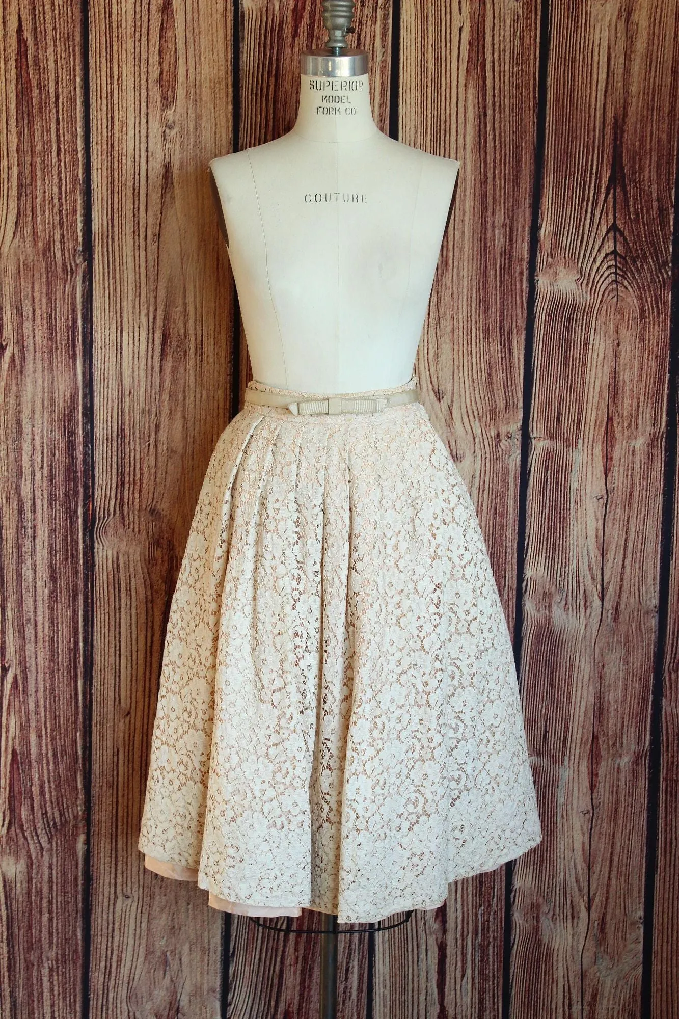 Vintage 1950s 1960s Charm of Hollywood Pink and Ivory Lace Skirt with Belt