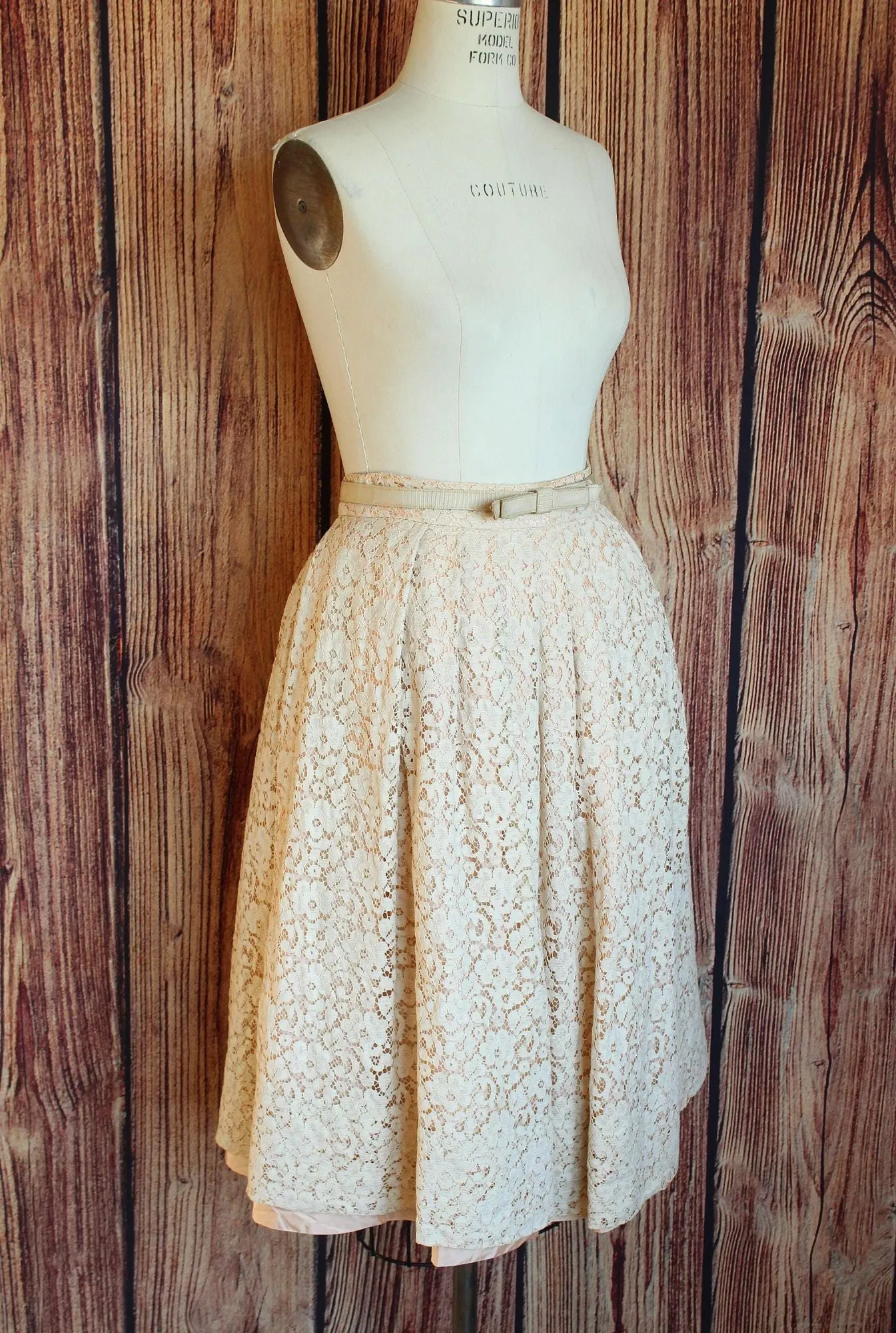 Vintage 1950s 1960s Charm of Hollywood Pink and Ivory Lace Skirt with Belt