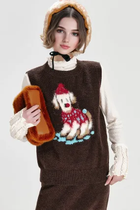 Vintage Crewneck Pullover Sweater Vest with Playful Puppy