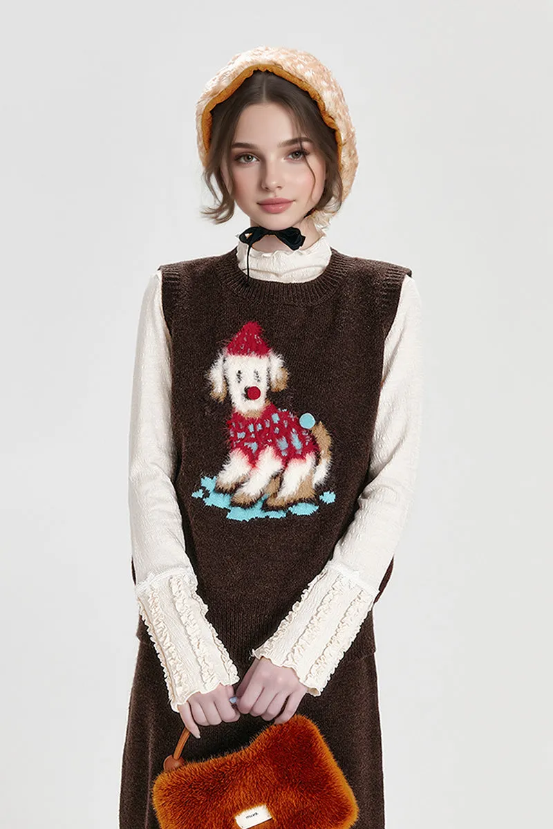 Vintage Crewneck Pullover Sweater Vest with Playful Puppy