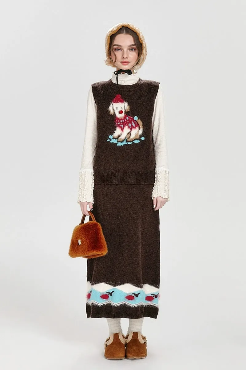 Vintage Crewneck Pullover Sweater Vest with Playful Puppy
