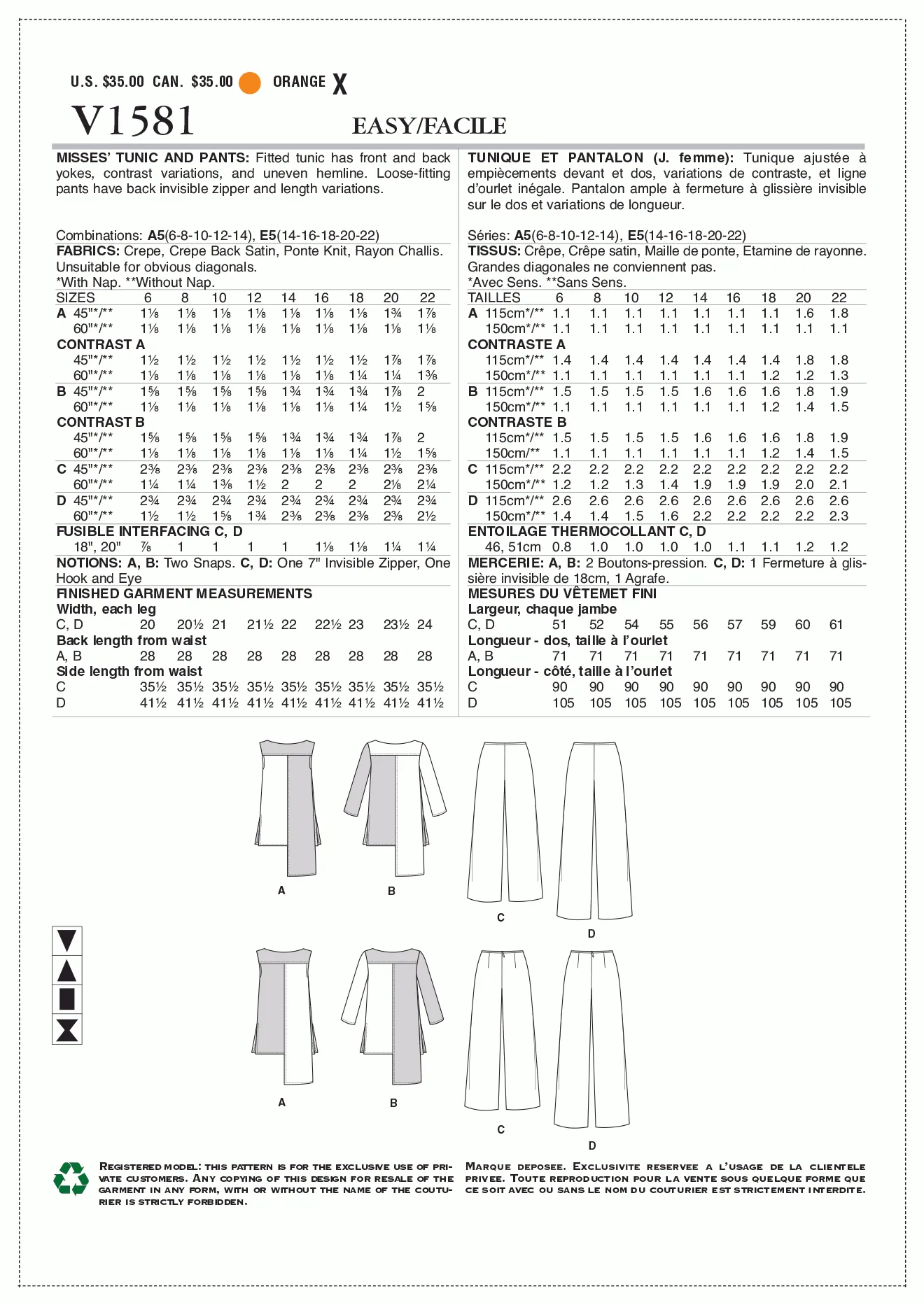Voguepattern V1581 Misses' Tunic and Pants