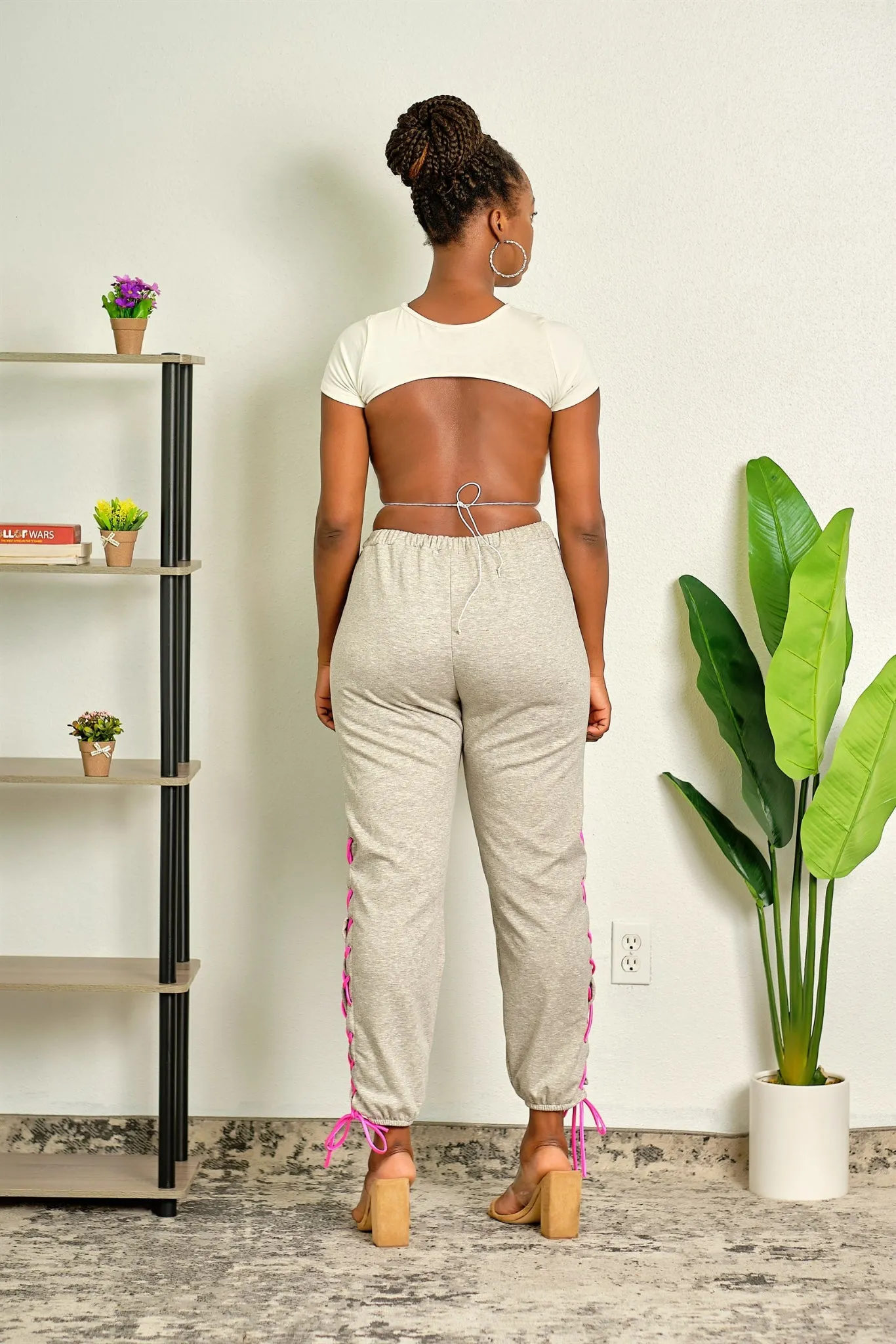 Waiting For You Lace Up High Waisted Sweatpants - Grey
