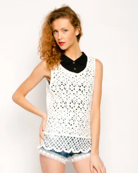 White Floral Pattern Crochet Vest Top