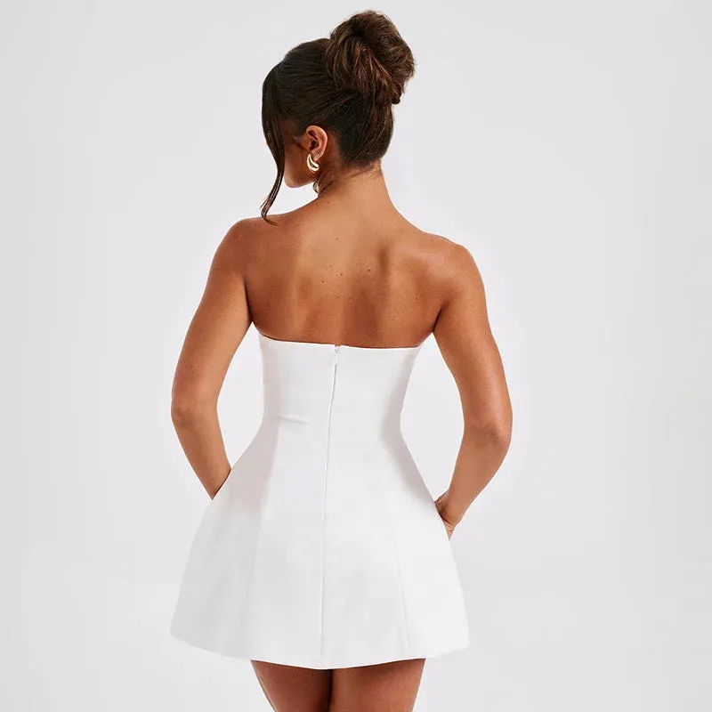 White Strapless High Waist A-line Mini Dress