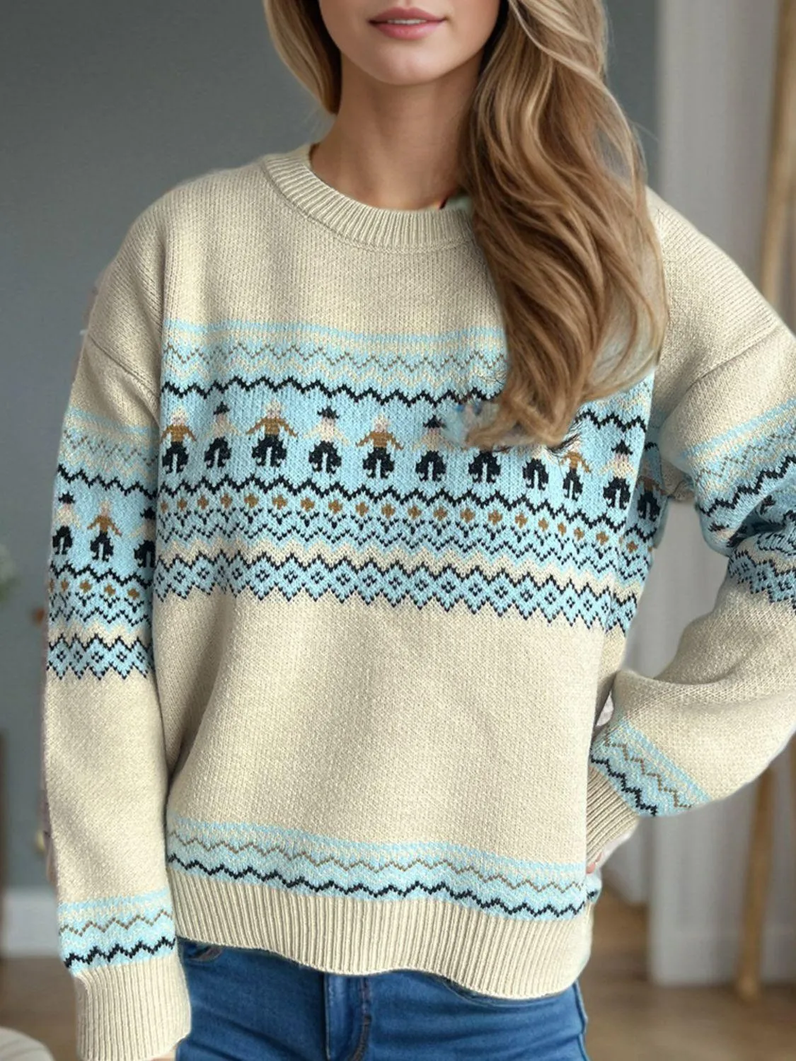 Winter Sweater Contrast Round Neck Long Sleeve Women Knit Pullover