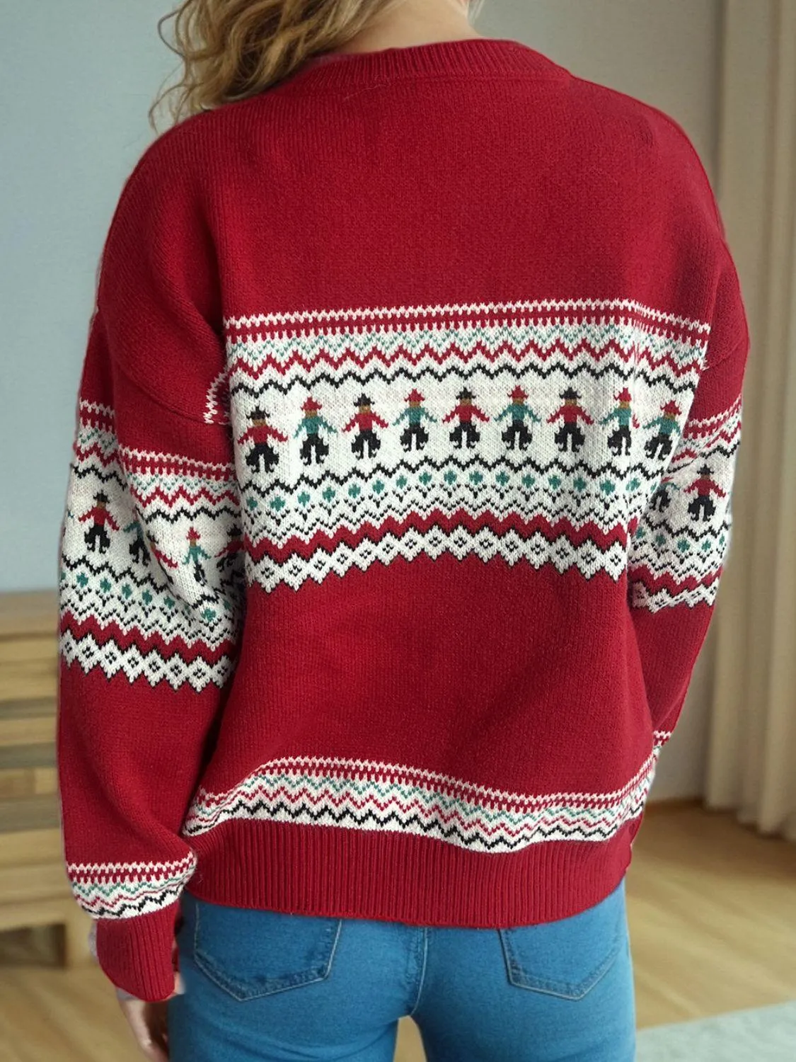 Winter Sweater Contrast Round Neck Long Sleeve Women Knit Pullover