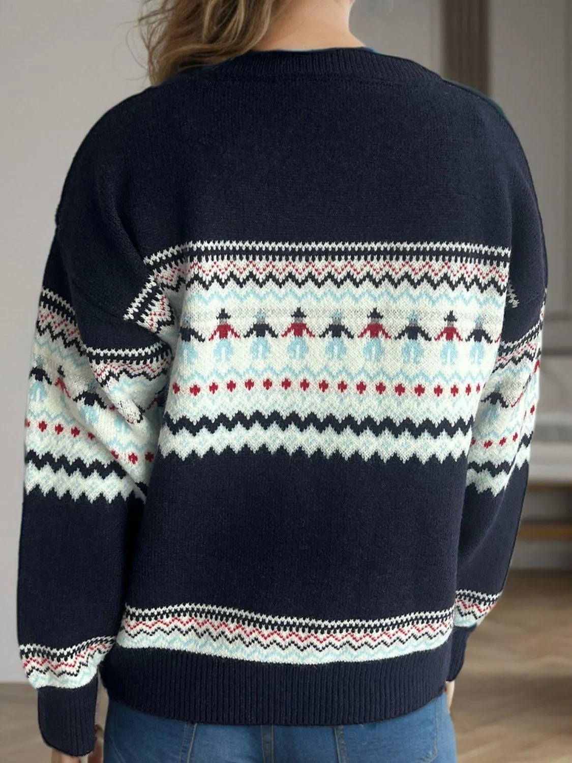 Winter Sweater Contrast Round Neck Long Sleeve Women Knit Pullover