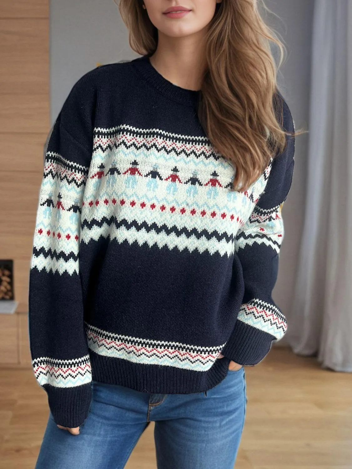 Winter Sweater Contrast Round Neck Long Sleeve Women Knit Pullover