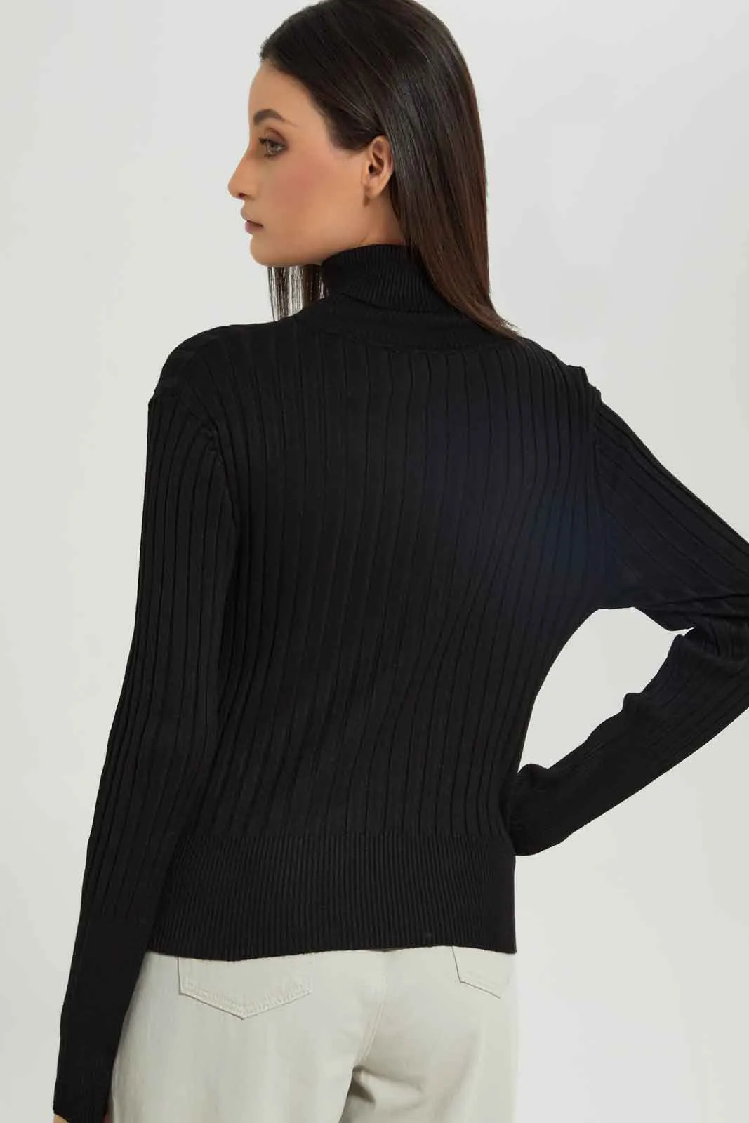 Women Black Ribbed High-Neck Pullover