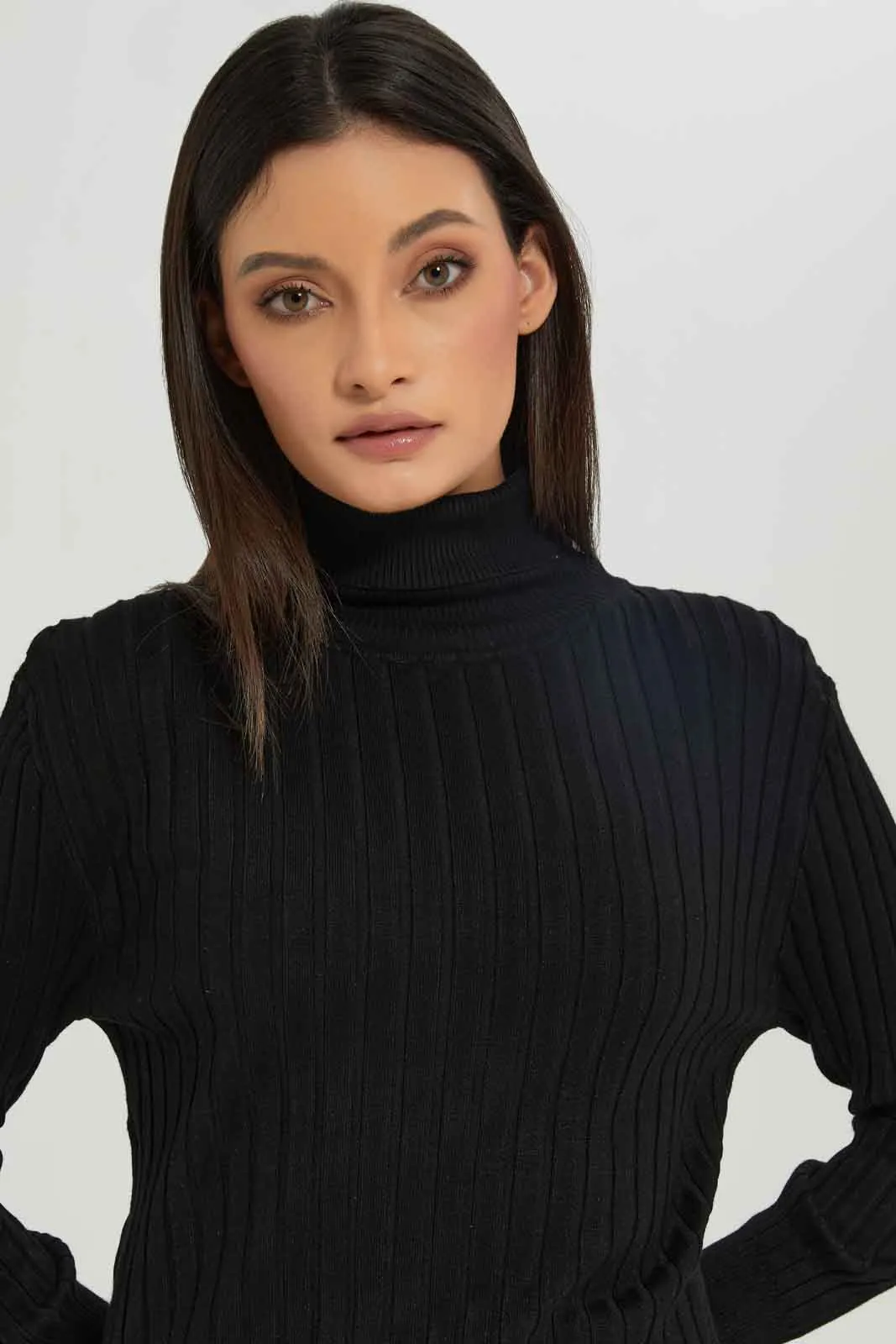 Women Black Ribbed High-Neck Pullover