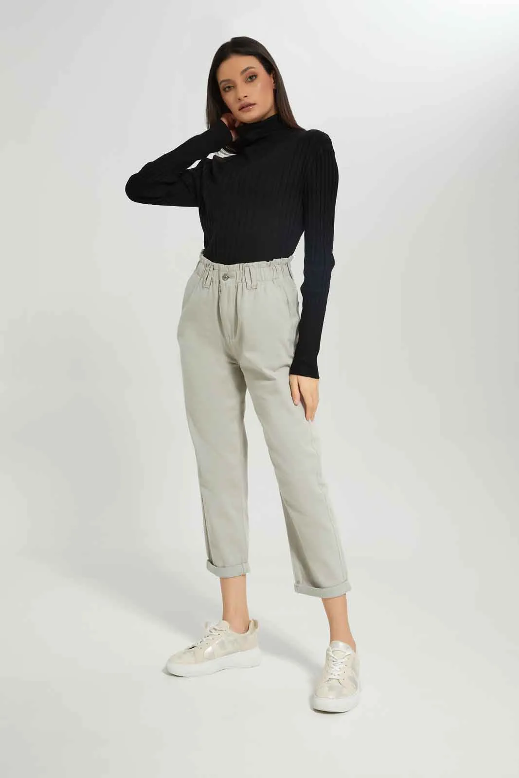 Women Black Ribbed High-Neck Pullover