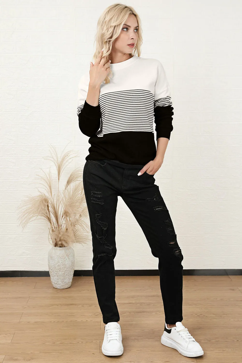 Women Knit Top Striped White Black Color Block Long Sleeve Pullover