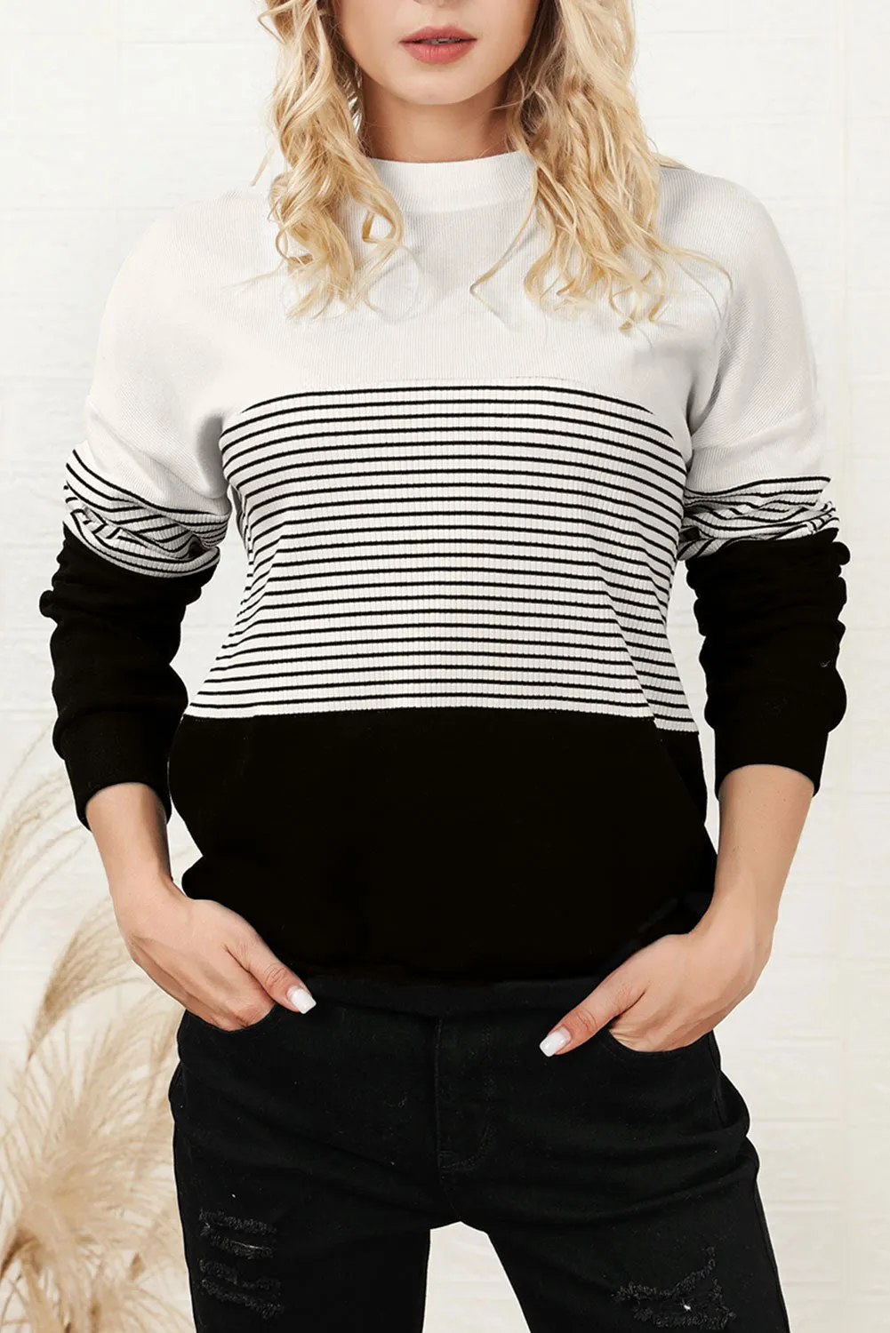 Women Knit Top Striped White Black Color Block Long Sleeve Pullover