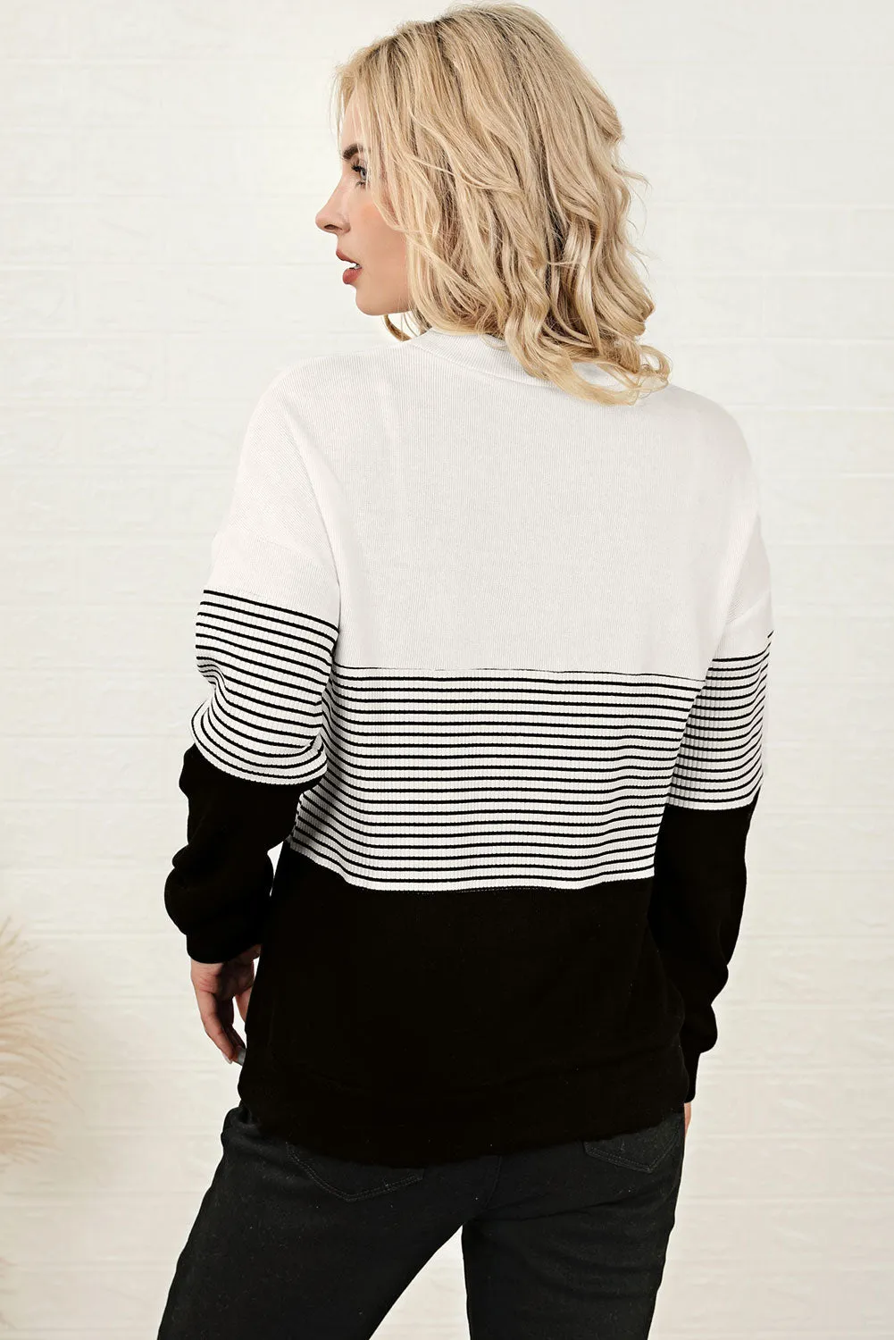 Women Knit Top Striped White Black Color Block Long Sleeve Pullover