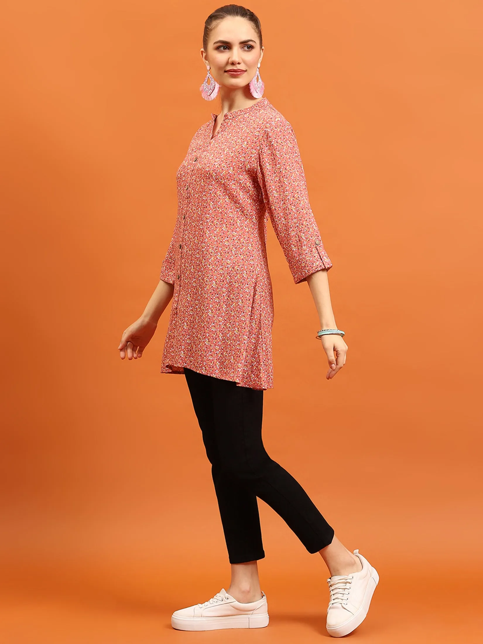 Women Pink Mandarin Collar Tunic