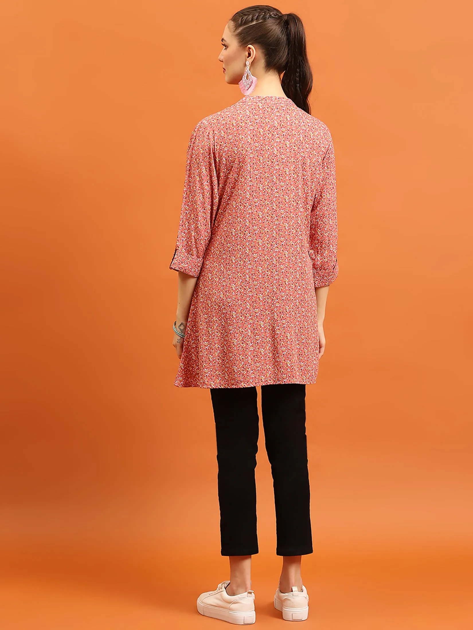 Women Pink Mandarin Collar Tunic