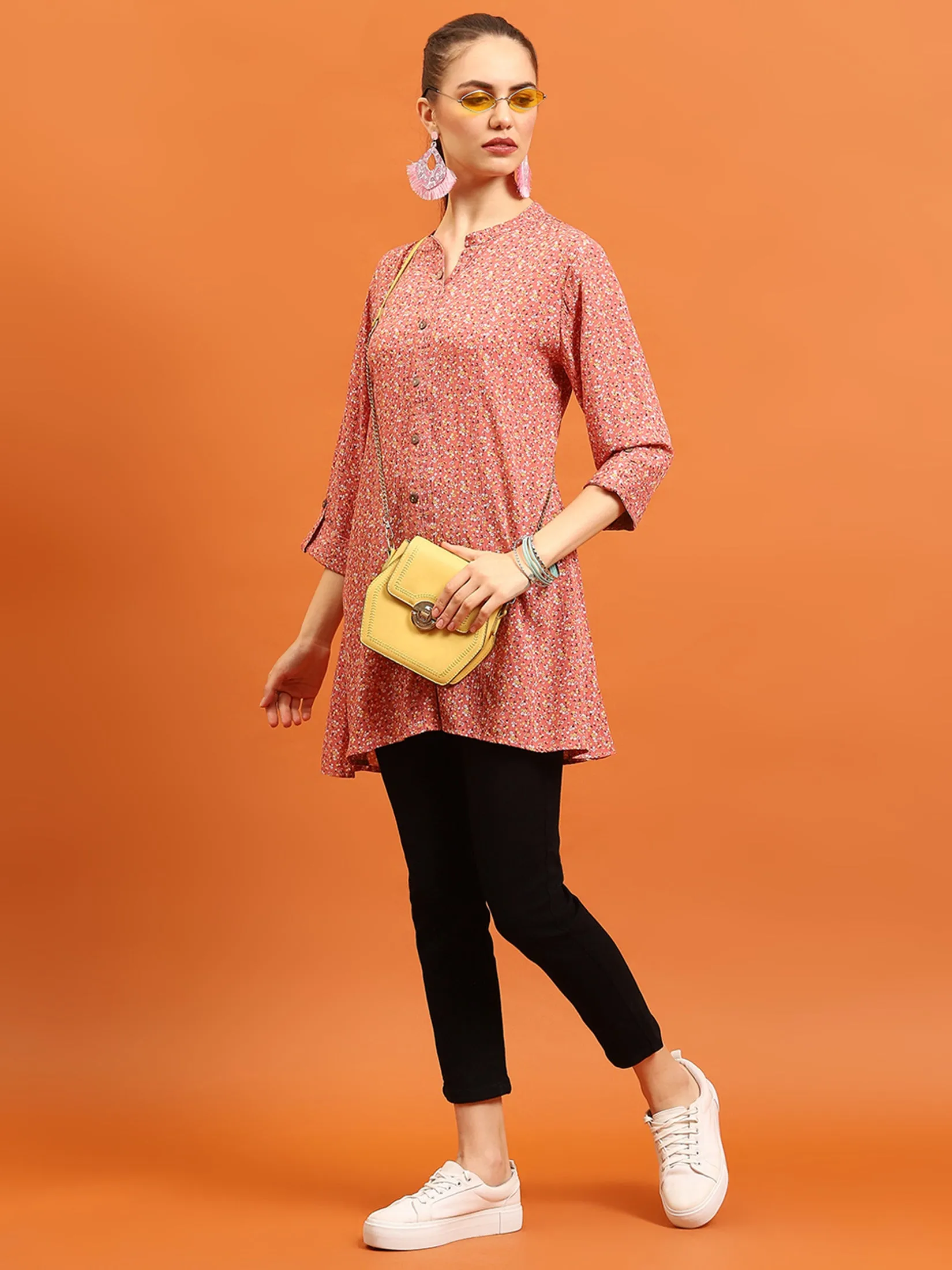 Women Pink Mandarin Collar Tunic