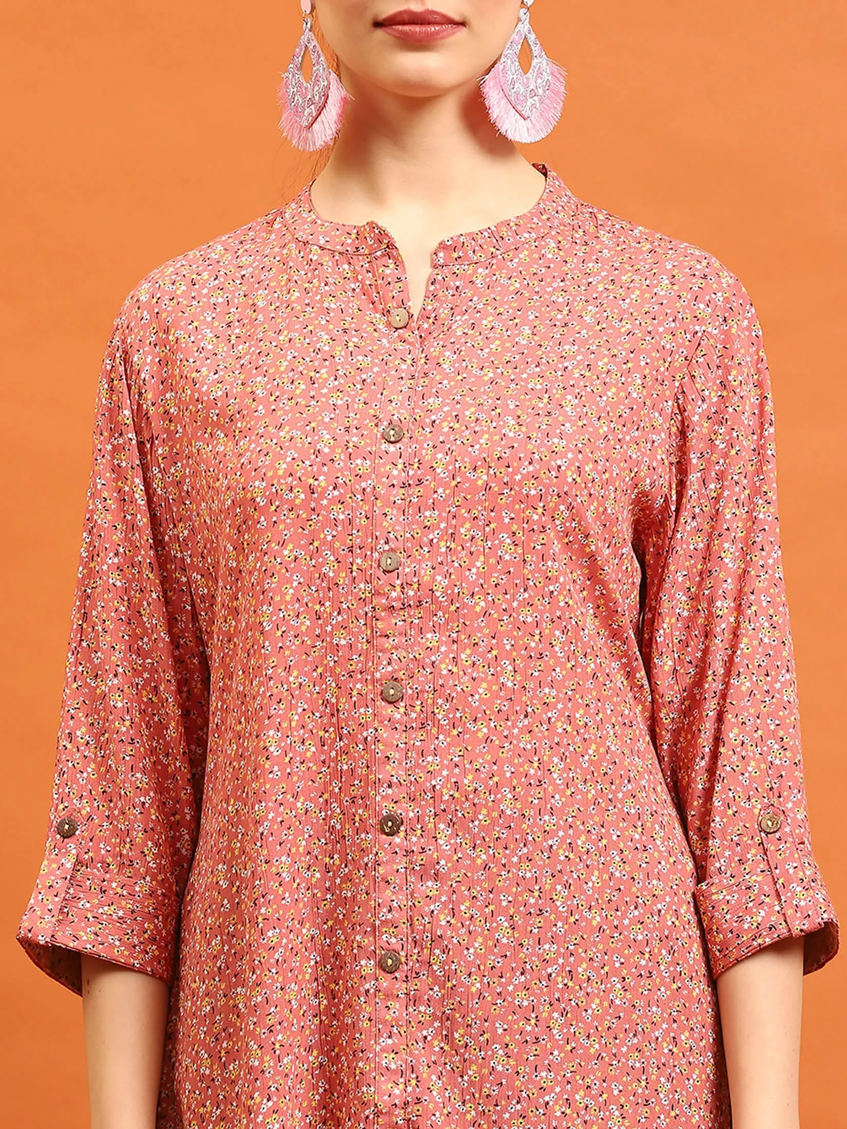 Women Pink Mandarin Collar Tunic