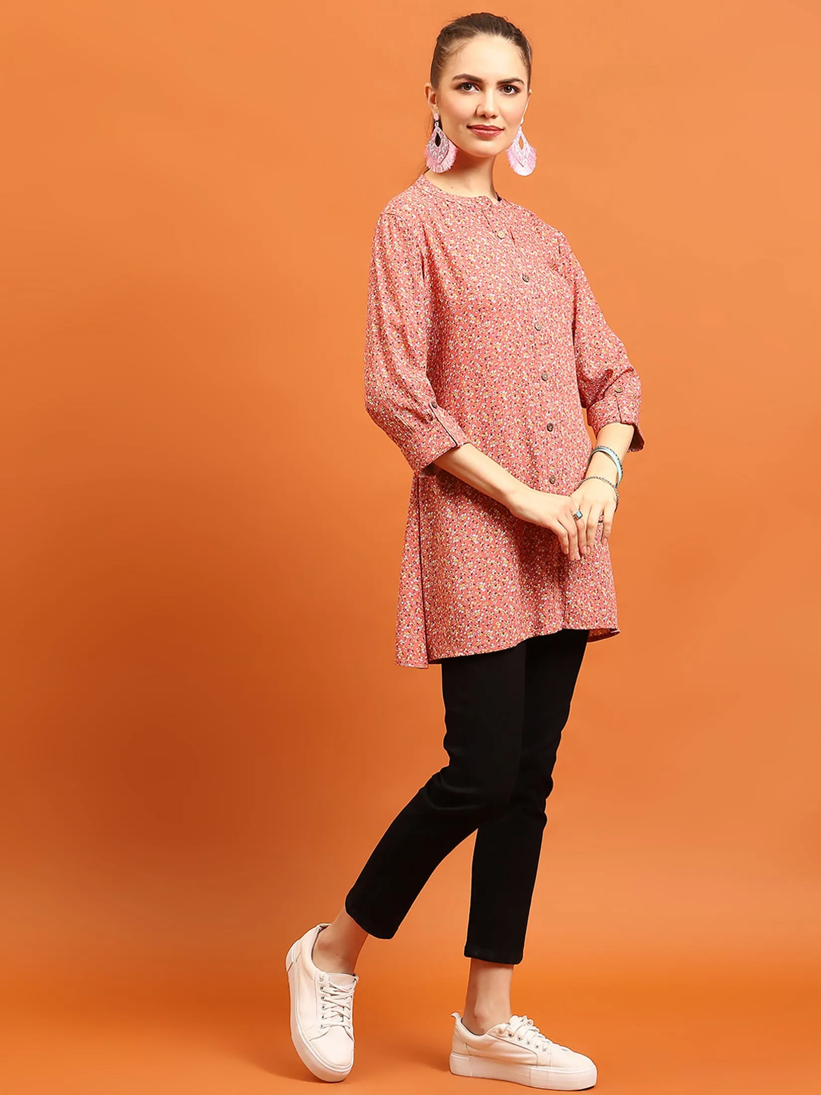 Women Pink Mandarin Collar Tunic