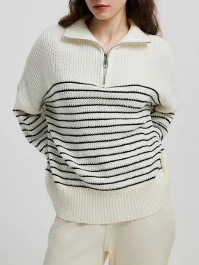 Women Striped Sweater Half Zip High Neck Long Sleeve Soft Knit Pullover