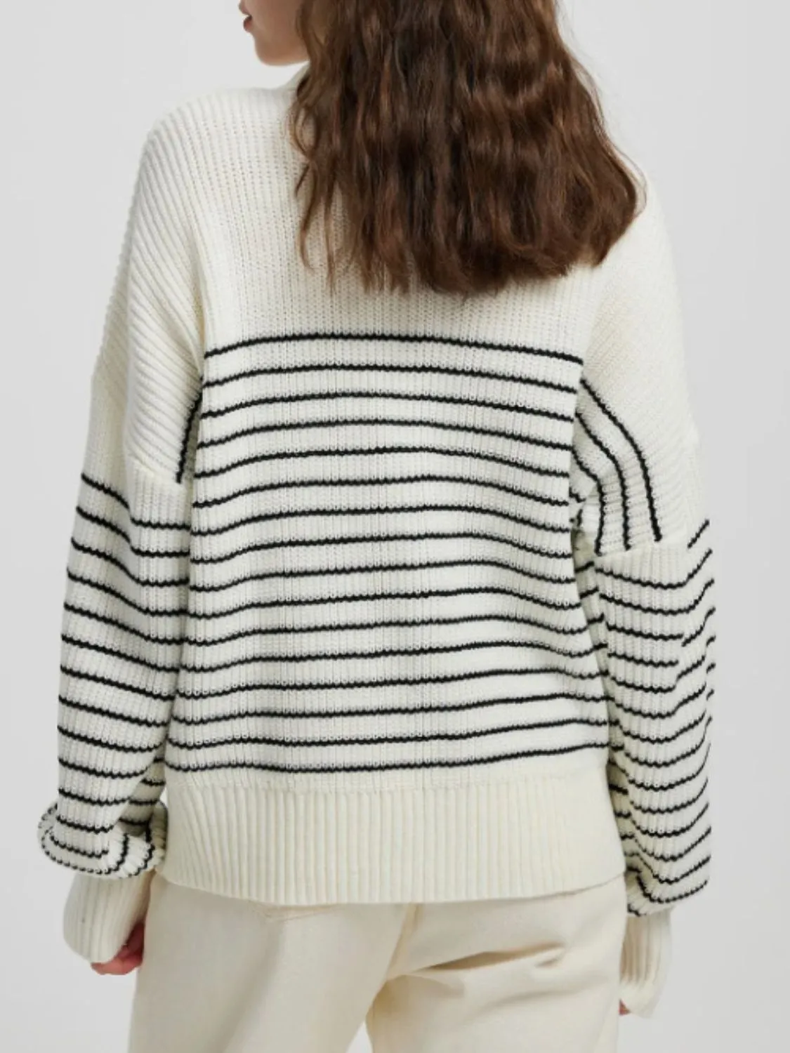 Women Striped Sweater Half Zip High Neck Long Sleeve Soft Knit Pullover