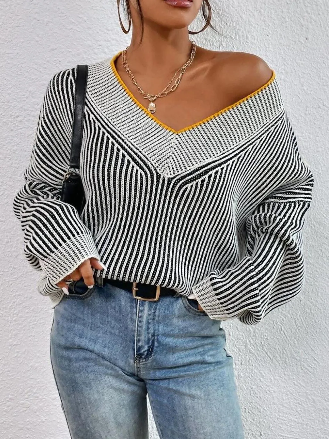 Women Striped Sweater V-Neck Long Sleeve Oversized Soft Knit Pullover