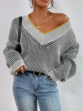 Women Striped Sweater V-Neck Long Sleeve Oversized Soft Knit Pullover