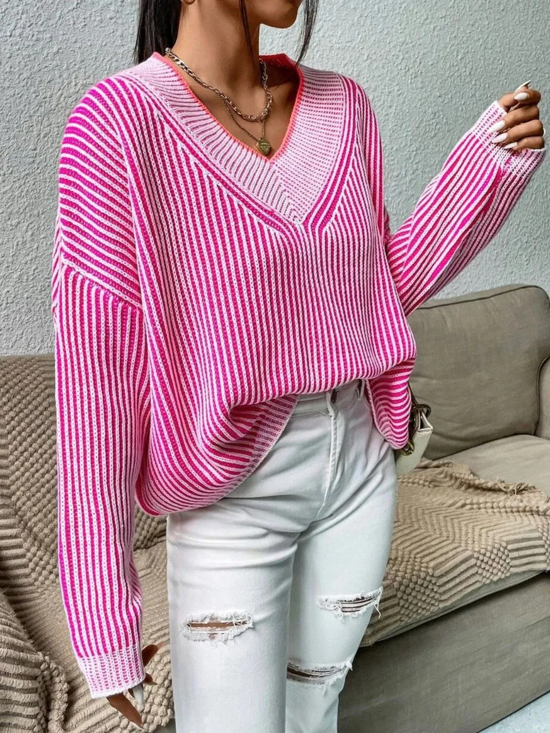 Women Striped Sweater V-Neck Long Sleeve Oversized Soft Knit Pullover