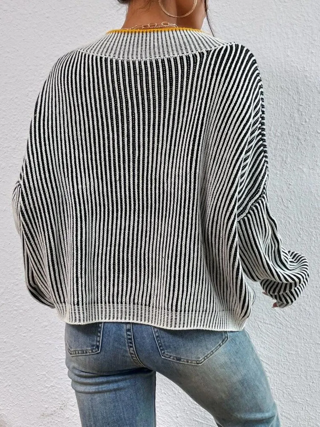 Women Striped Sweater V-Neck Long Sleeve Oversized Soft Knit Pullover