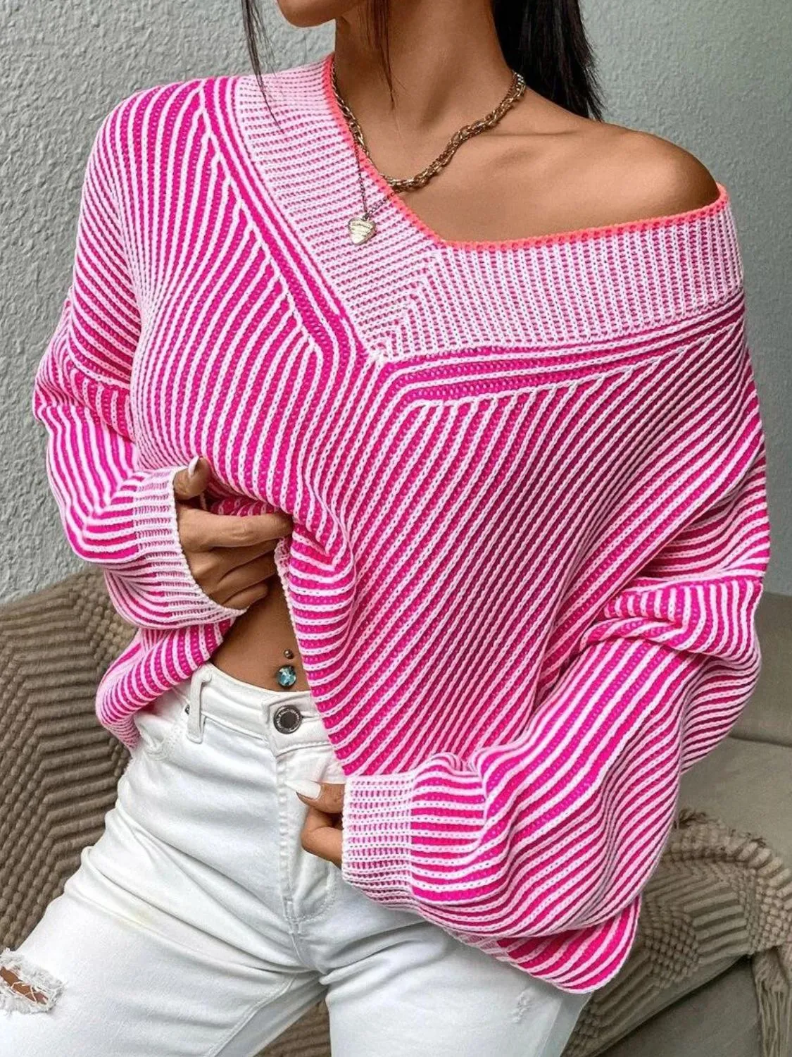 Women Striped Sweater V-Neck Long Sleeve Oversized Soft Knit Pullover