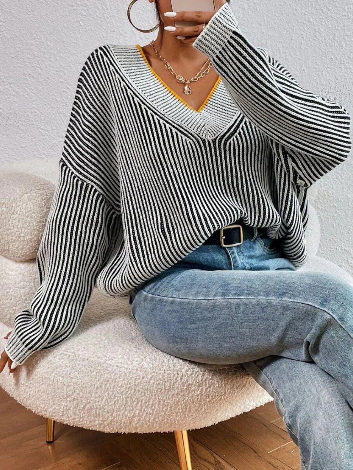 Women Striped Sweater V-Neck Long Sleeve Oversized Soft Knit Pullover