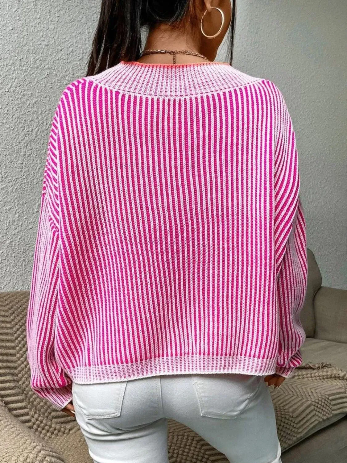 Women Striped Sweater V-Neck Long Sleeve Oversized Soft Knit Pullover