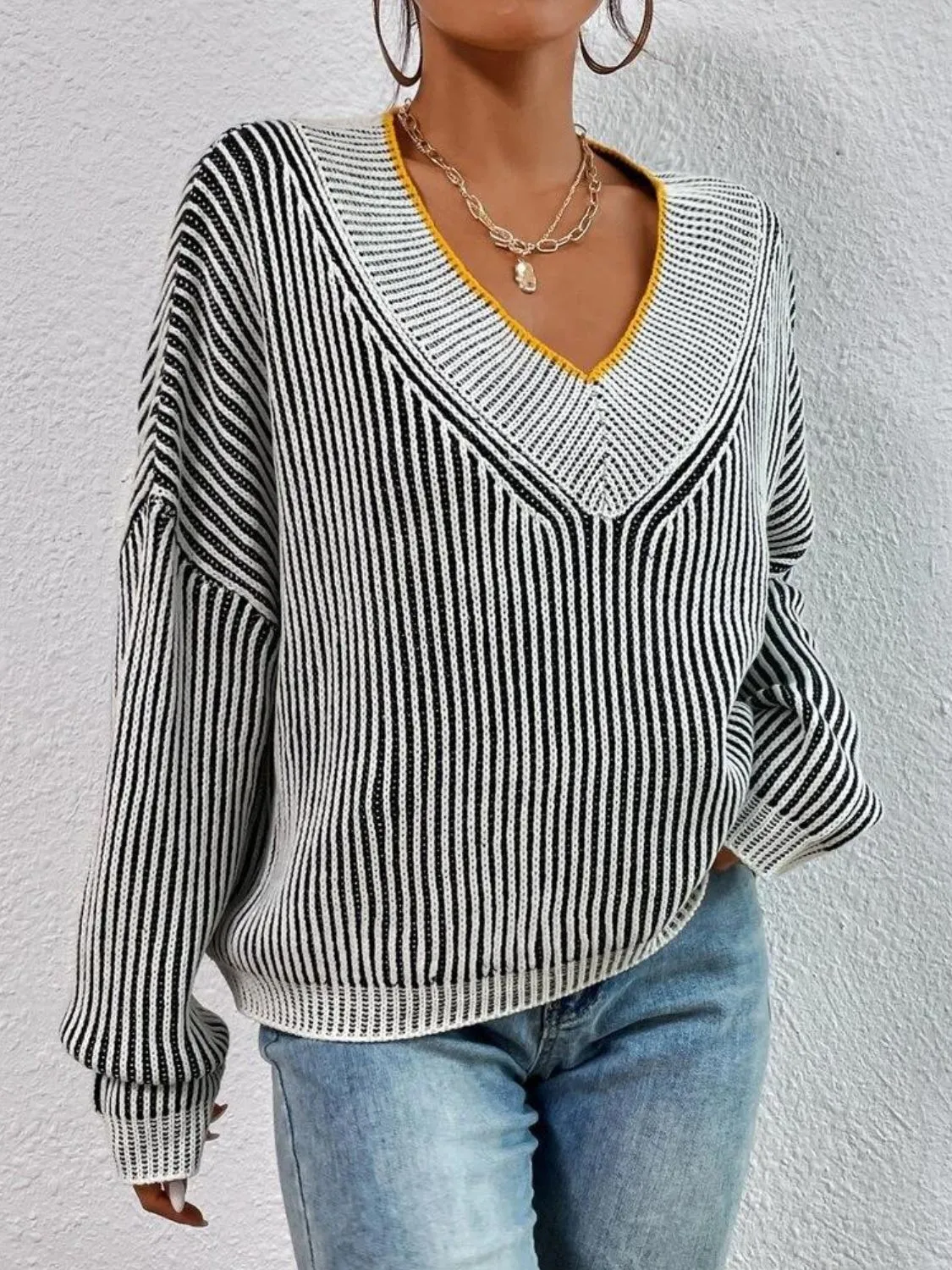 Women Striped Sweater V-Neck Long Sleeve Oversized Soft Knit Pullover