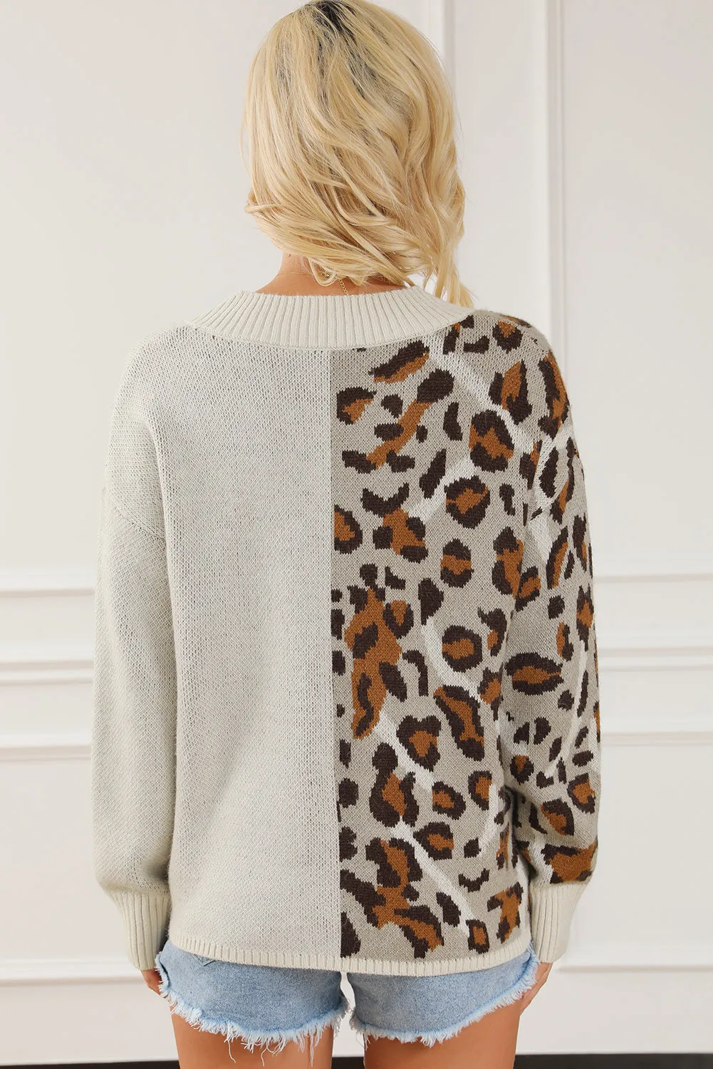 Women Sweater Half Leopard V Neck Long Sleeve Soft Knit Pullover
