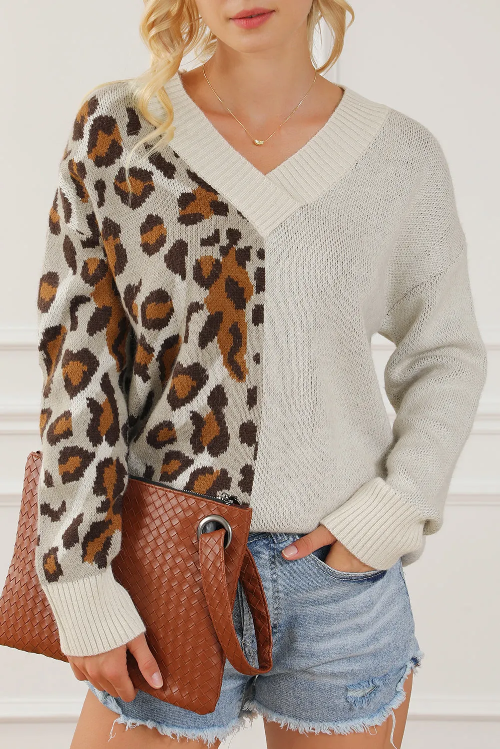 Women Sweater Half Leopard V Neck Long Sleeve Soft Knit Pullover
