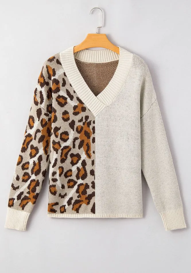 Women Sweater Half Leopard V Neck Long Sleeve Soft Knit Pullover