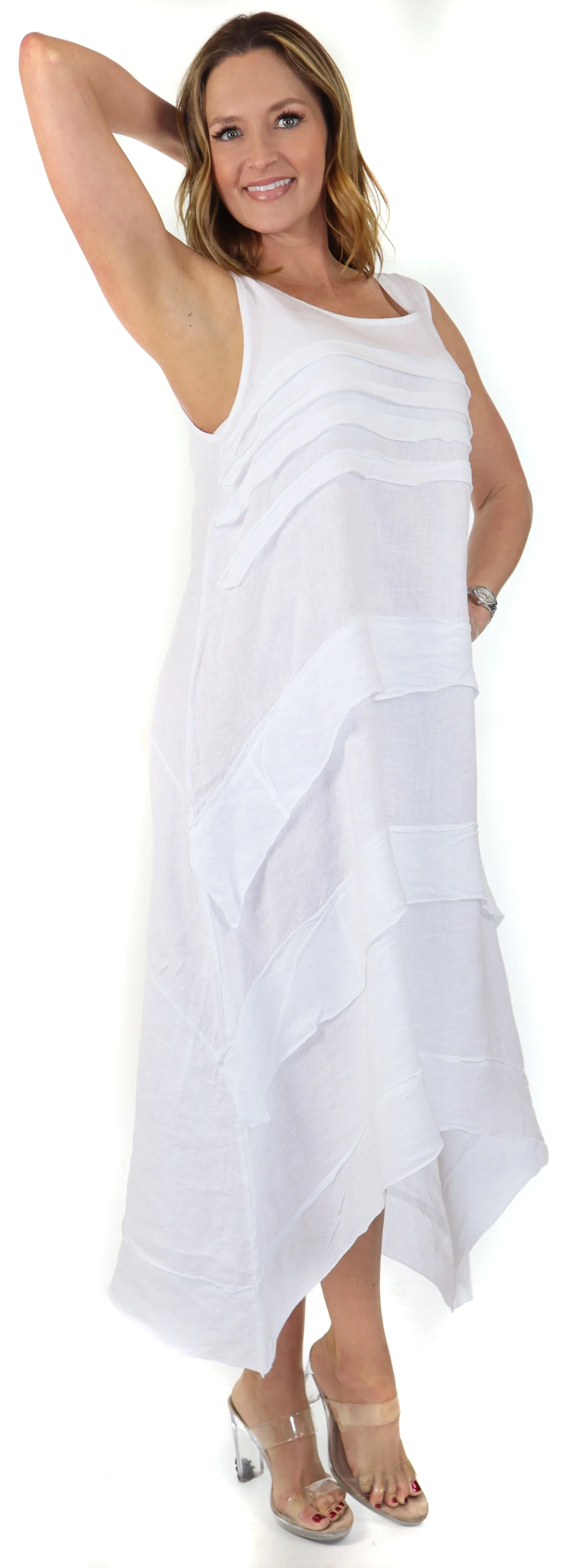 Women's Asymmetrical Hi Low Maxi Dress, 7 Ruffle Trim, 100% Natural Linen and Made in Italy, Regular and Plus Sizes