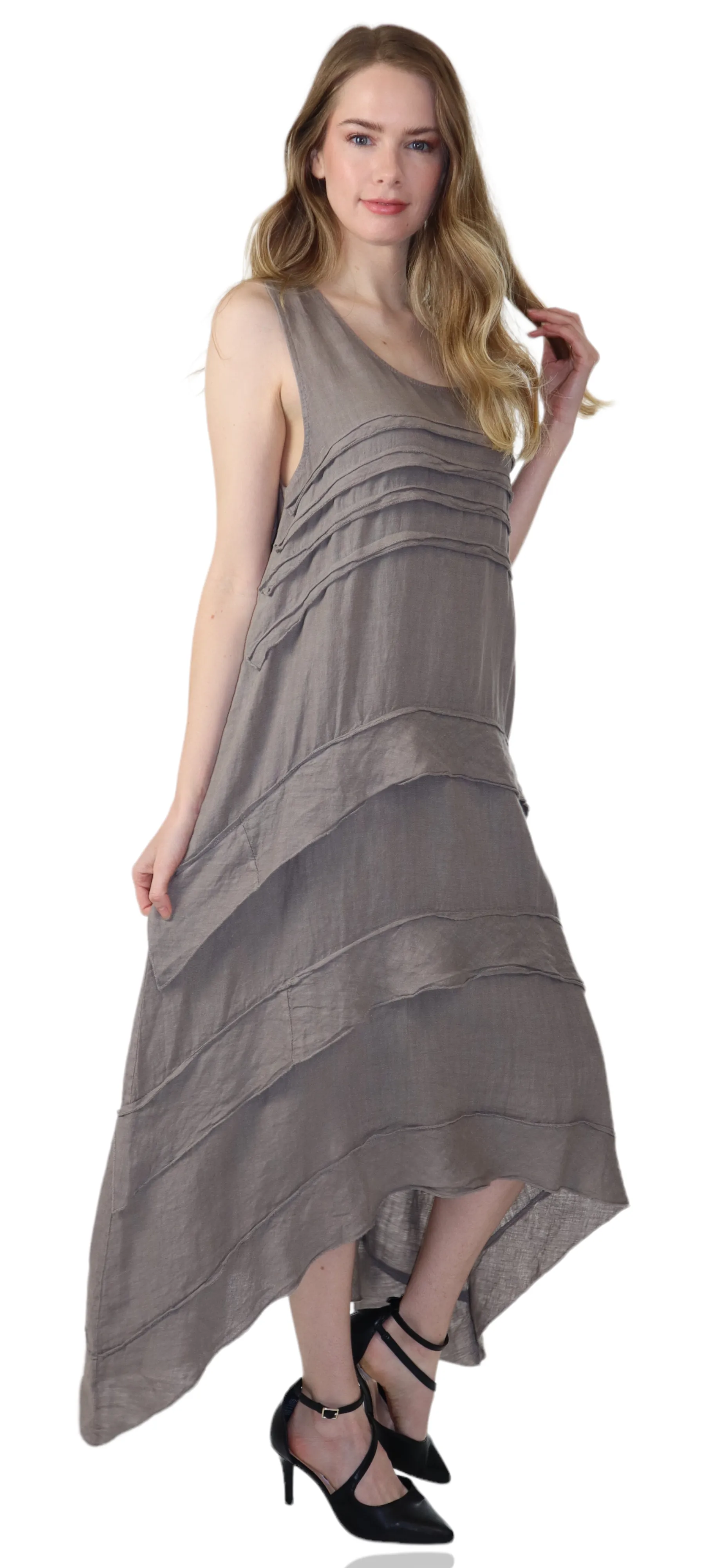 Women's Asymmetrical Hi Low Maxi Dress, 7 Ruffle Trim, 100% Natural Linen and Made in Italy, Regular and Plus Sizes