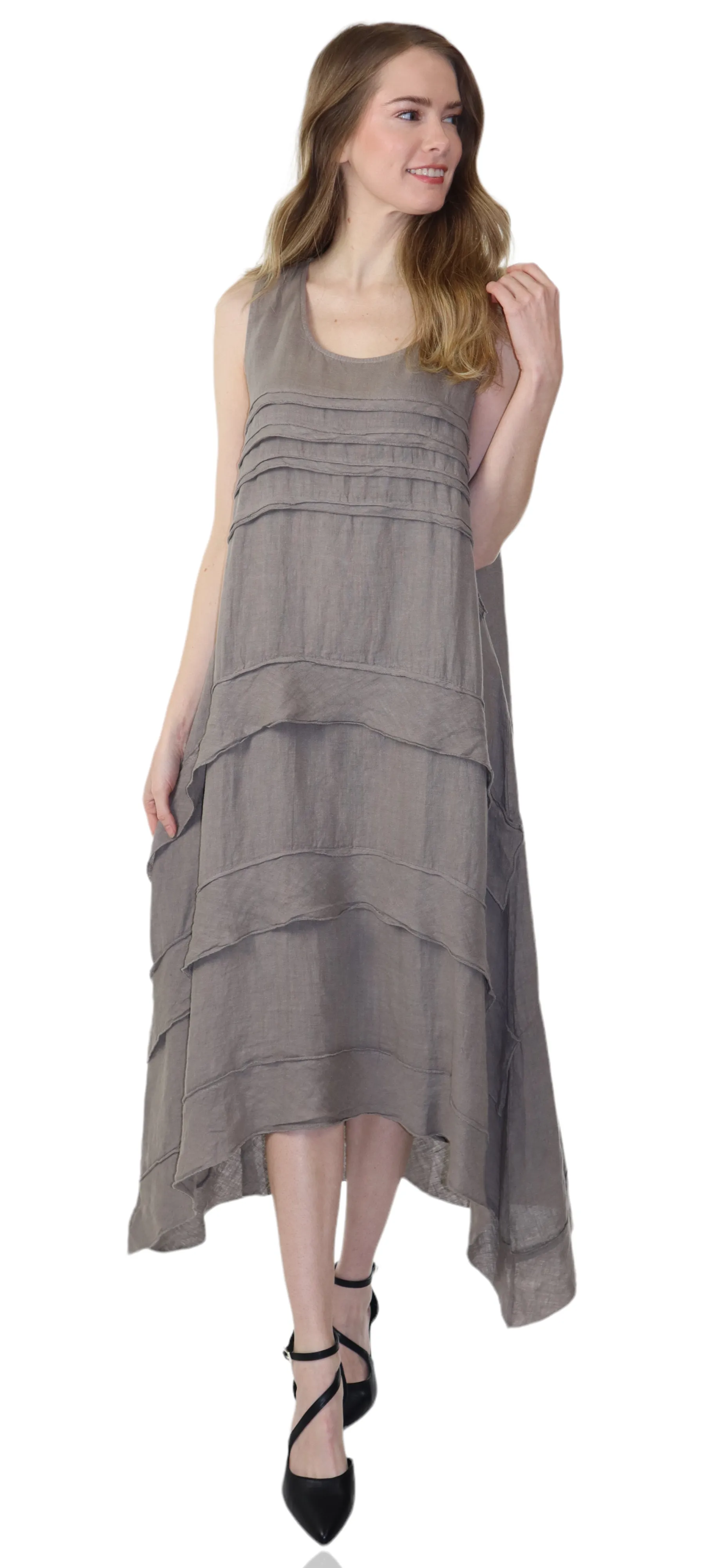 Women's Asymmetrical Hi Low Maxi Dress, 7 Ruffle Trim, 100% Natural Linen and Made in Italy, Regular and Plus Sizes