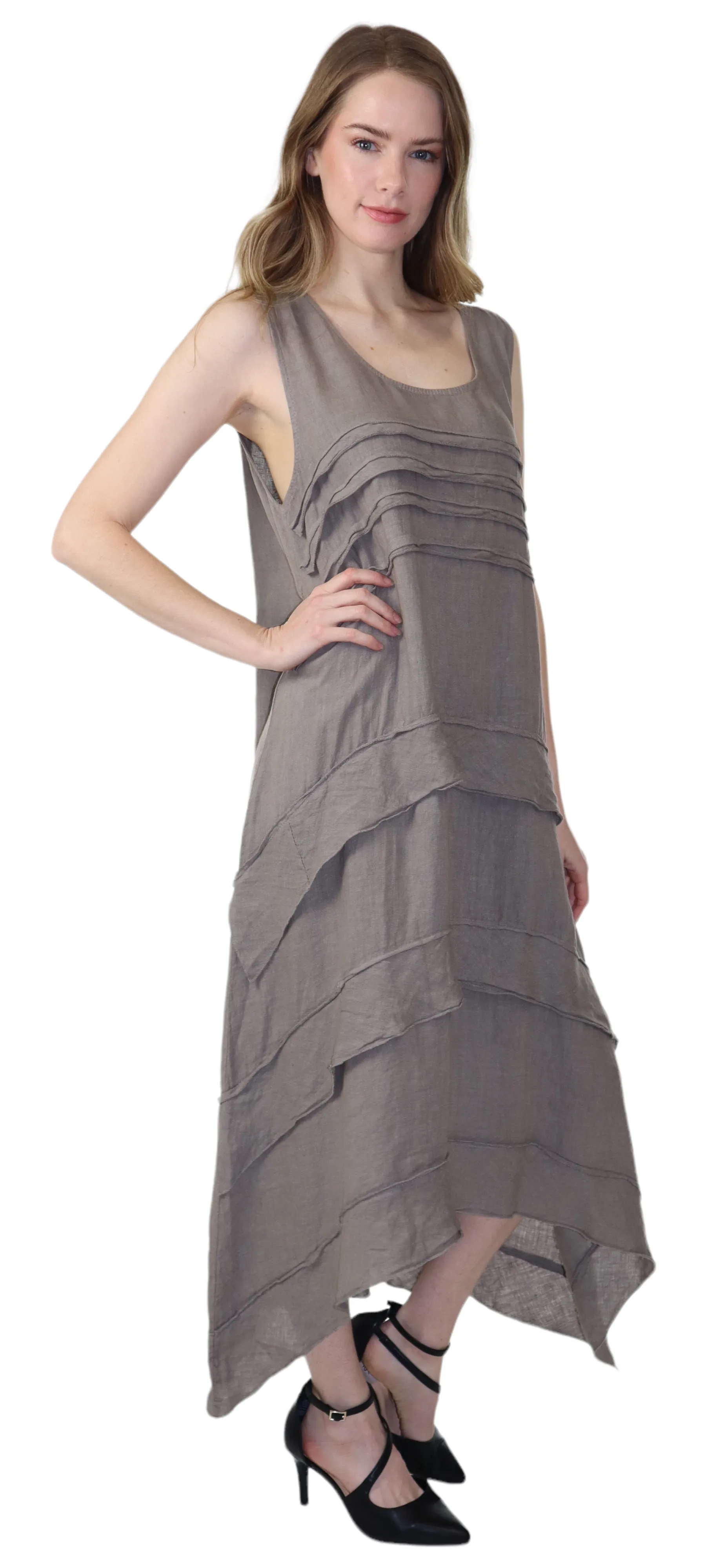 Women's Asymmetrical Hi Low Maxi Dress, 7 Ruffle Trim, 100% Natural Linen and Made in Italy, Regular and Plus Sizes