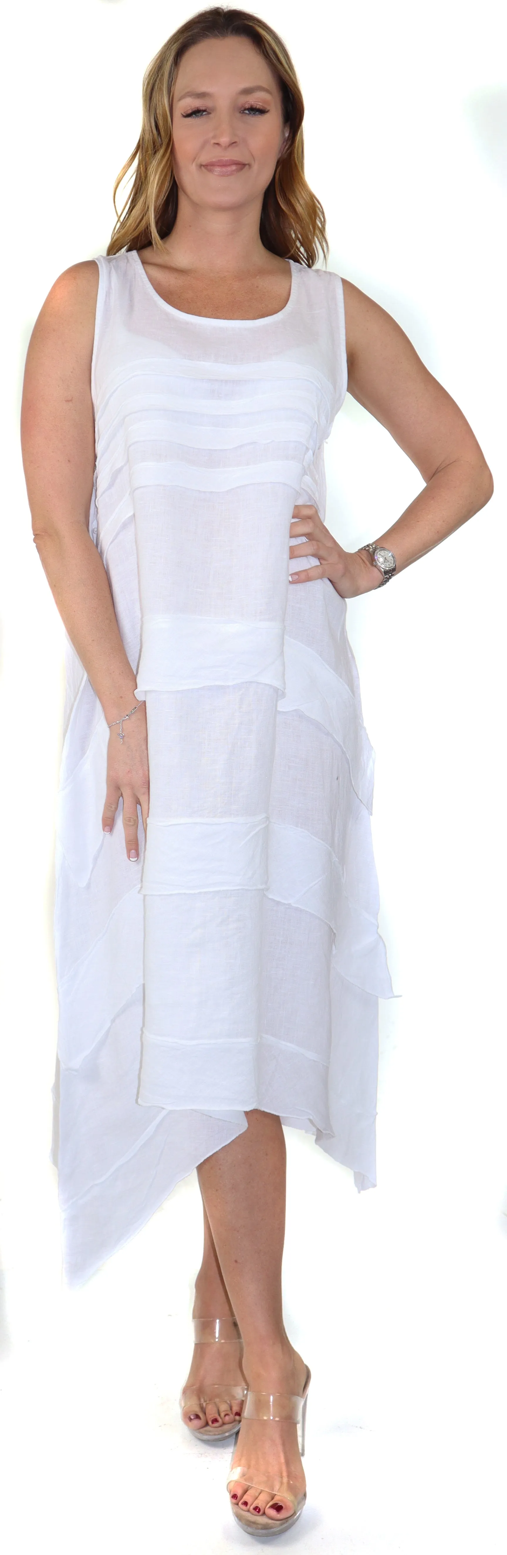 Women's Asymmetrical Hi Low Maxi Dress, 7 Ruffle Trim, 100% Natural Linen and Made in Italy, Regular and Plus Sizes