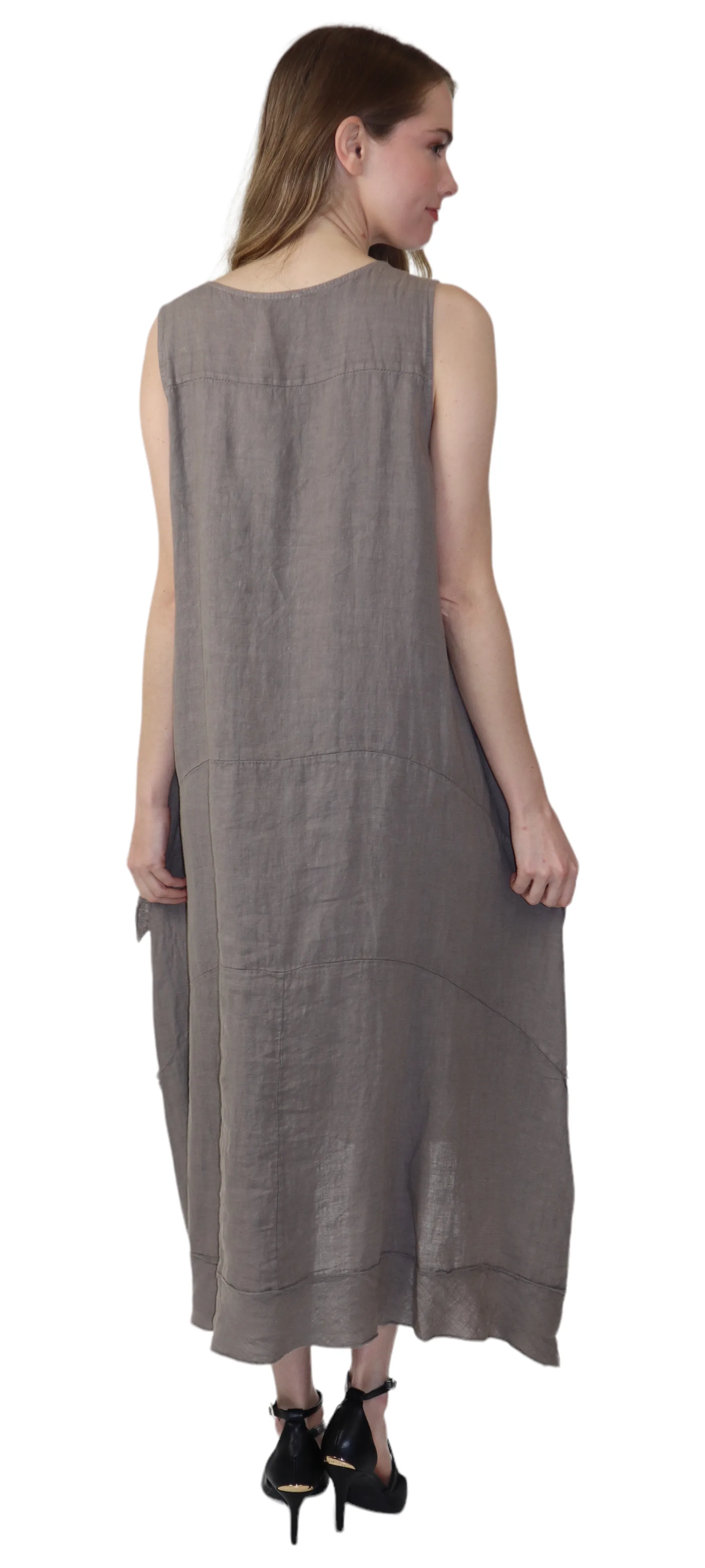 Women's Asymmetrical Hi Low Maxi Dress, 7 Ruffle Trim, 100% Natural Linen and Made in Italy, Regular and Plus Sizes