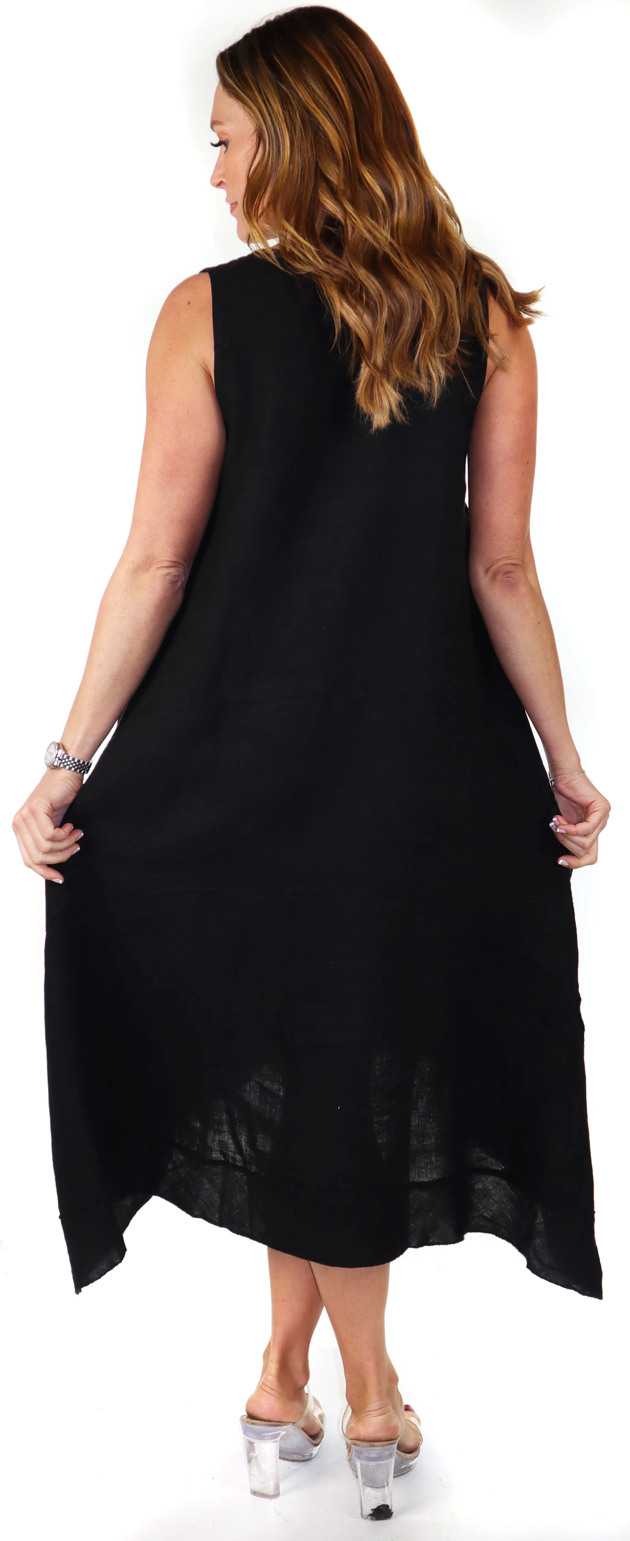 Women's Asymmetrical Hi Low Maxi Dress, 7 Ruffle Trim, 100% Natural Linen and Made in Italy, Regular and Plus Sizes