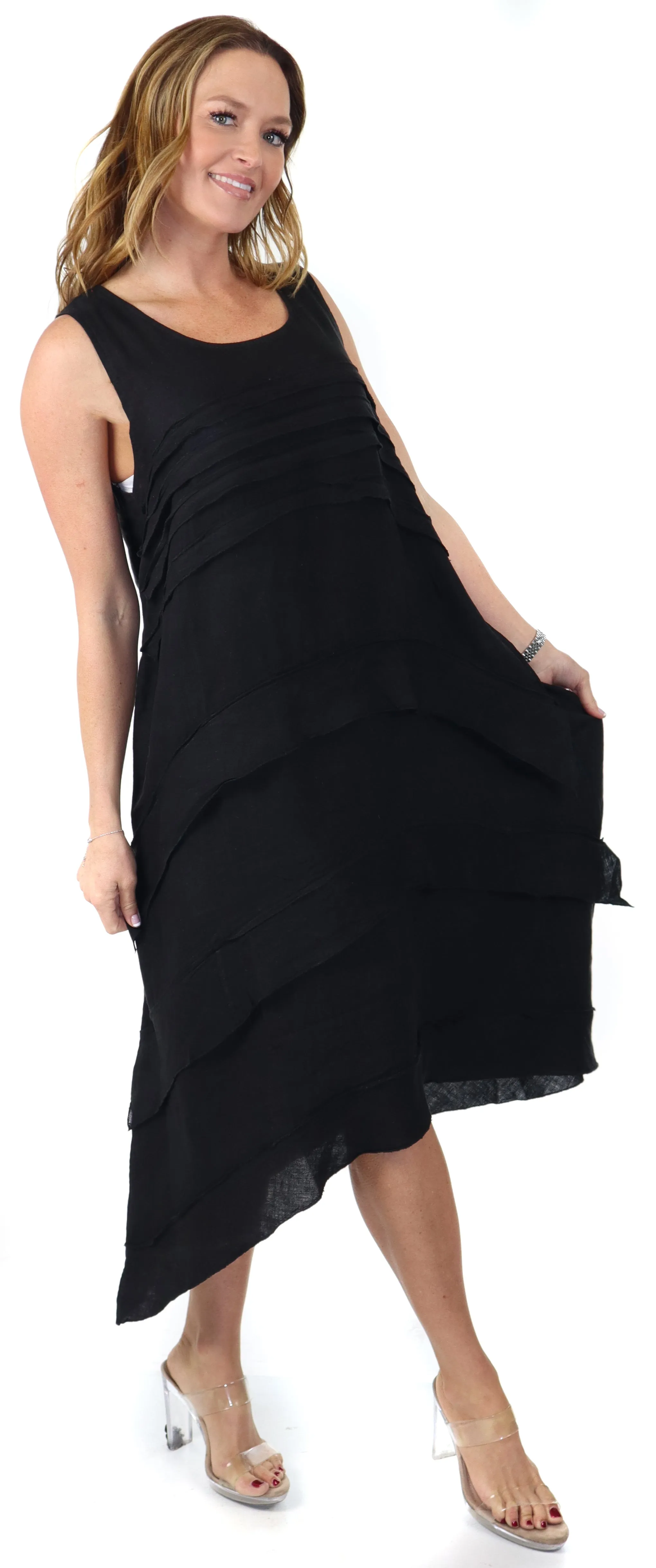 Women's Asymmetrical Hi Low Maxi Dress, 7 Ruffle Trim, 100% Natural Linen and Made in Italy, Regular and Plus Sizes