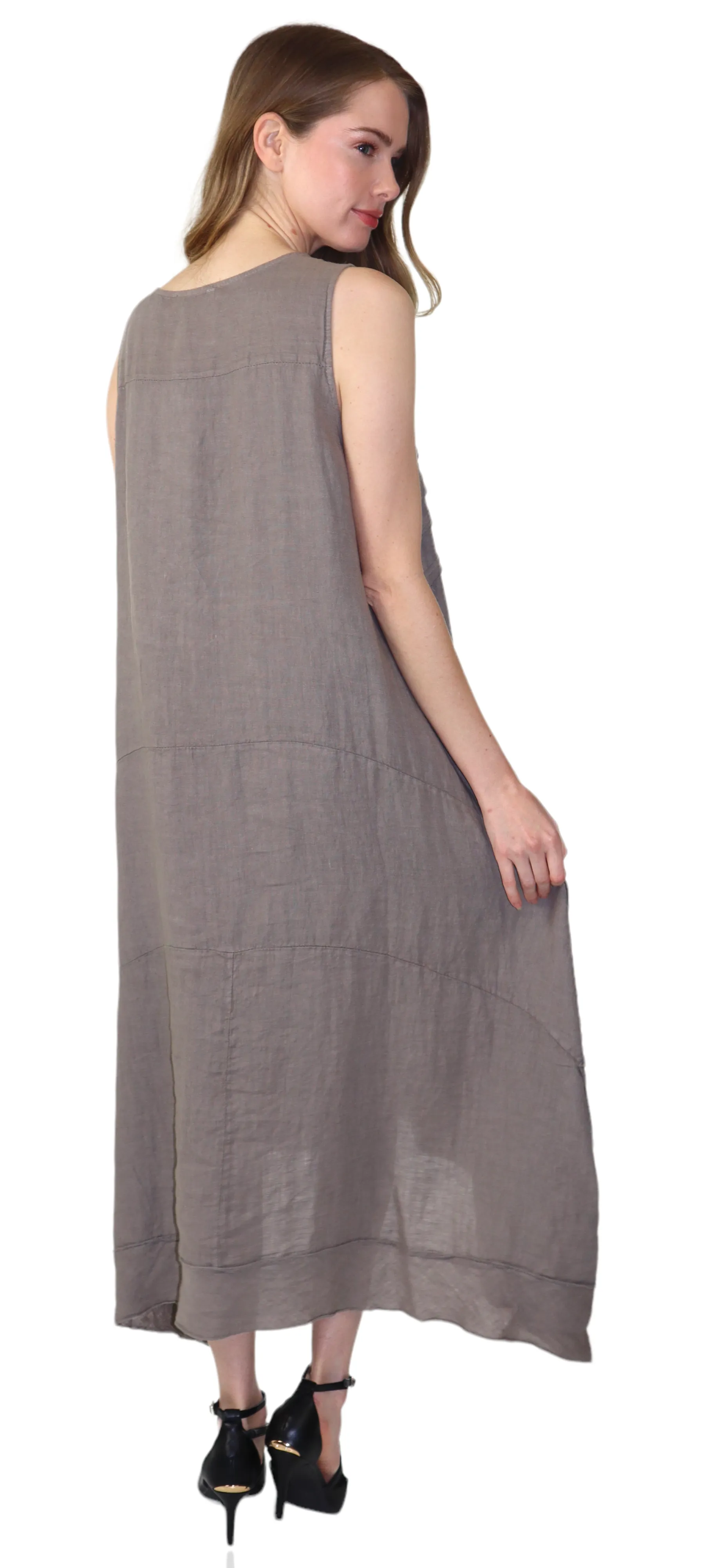 Women's Asymmetrical Hi Low Maxi Dress, 7 Ruffle Trim, 100% Natural Linen and Made in Italy, Regular and Plus Sizes