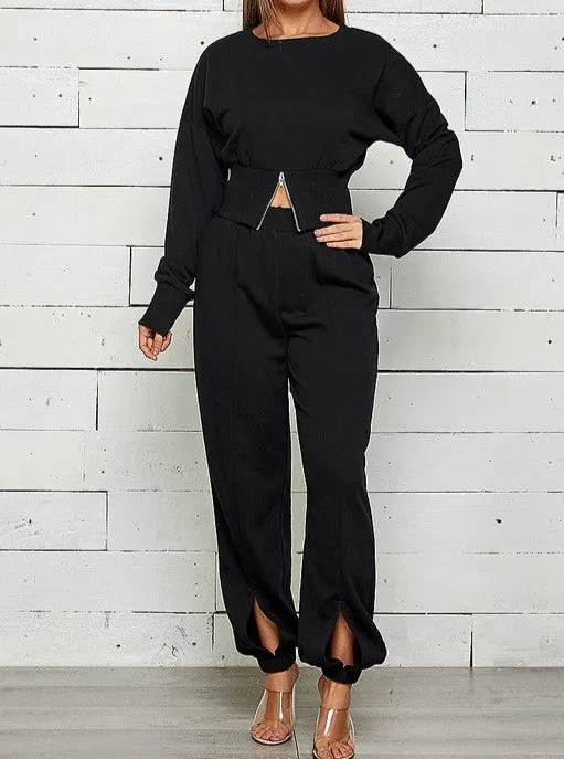 ZIP FRONT WITH SLIT JOGGER SWEATPANTS SET